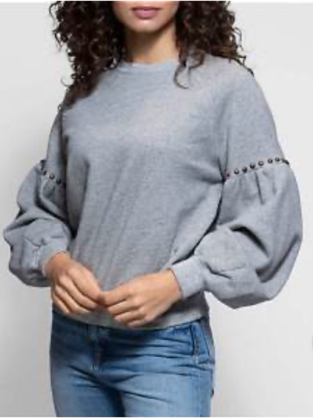 THE GREAT. Gray Balloon Sleeve Sweatshirt with Stud Detail